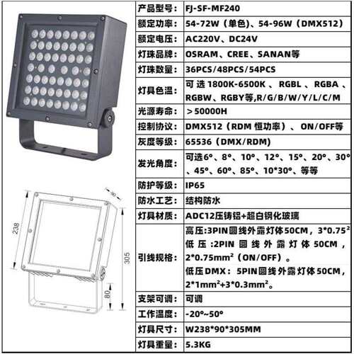 投光灯高光效LED54W72W96W彩光DMX512暖白别墅园林文旅景观灯亮化
