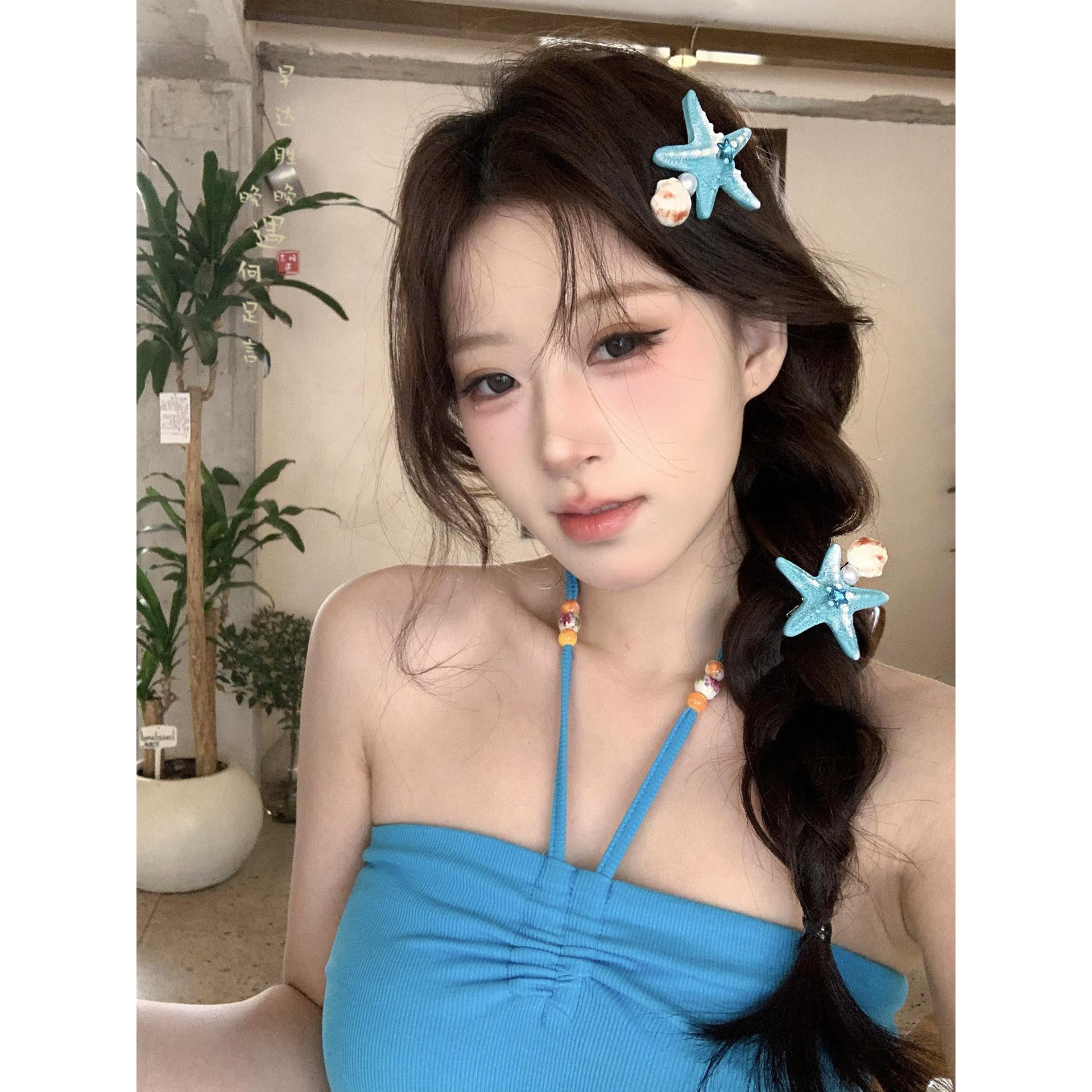 可爱蓝色海星贝壳发夹女海边度假风刘海侧边夹拍照旅游高级感发饰