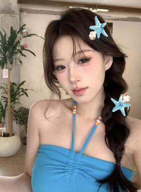 可爱蓝色海星贝壳发夹女海边度假风刘海侧边夹拍照旅游高级感发饰