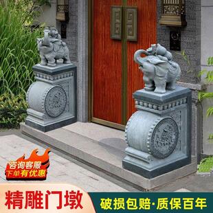 门墩抱鼓石一对大象貔貅汉白玉青石别墅家用庭院门口石鼓石雕摆件