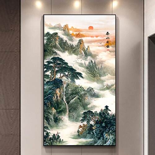 山画上有山无水画，入口大厅，走廊，风水财富挂画，垂直和朝日，