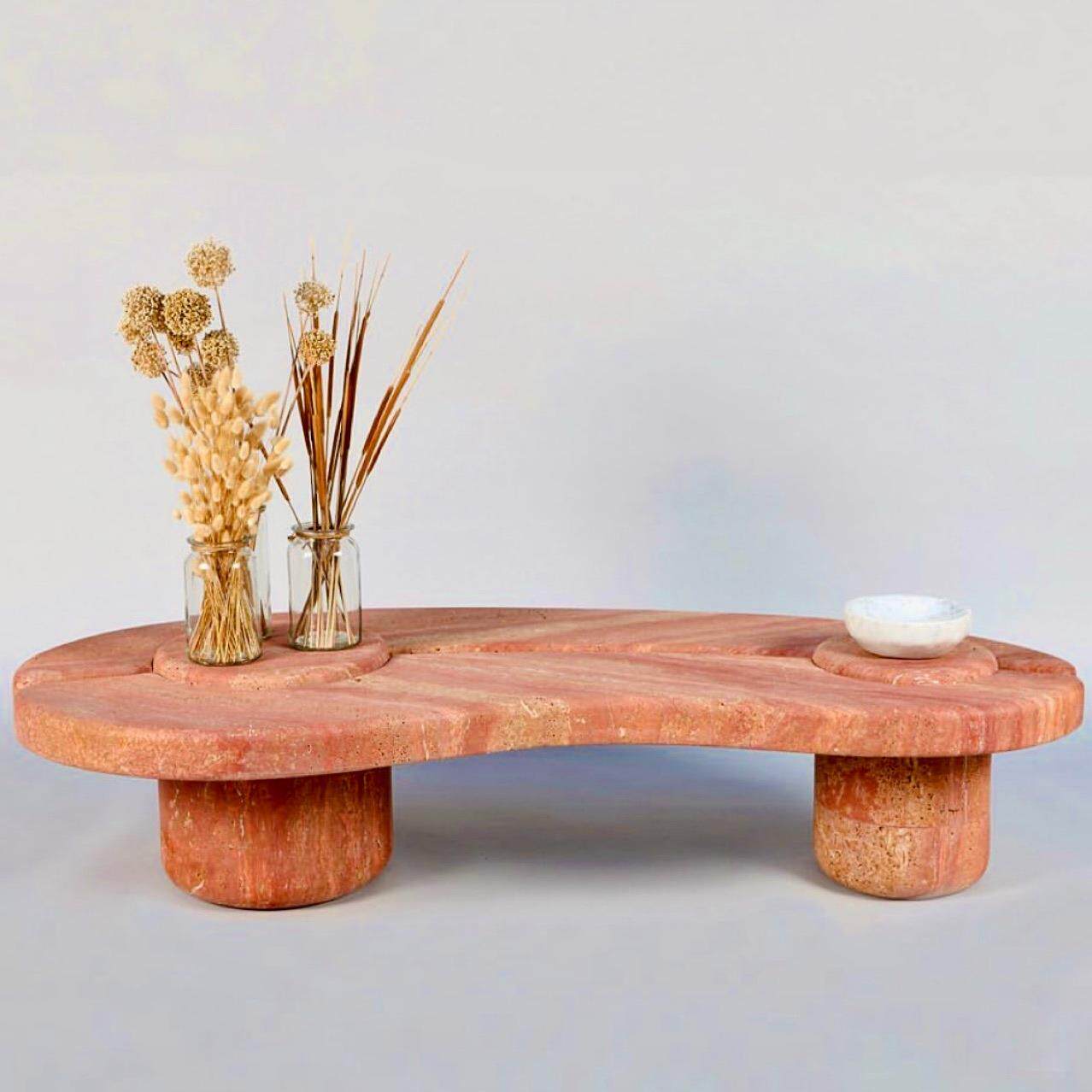 天然石材红色洞石中古诧寂风餐桌茶几咖啡店大理石灰华家具桌子