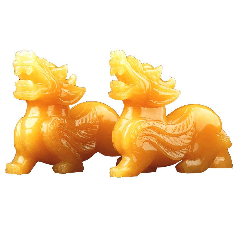 天然黄玉貔貅摆件一对客厅家居用办公桌玉石皮丘店铺开业礼品貔恘