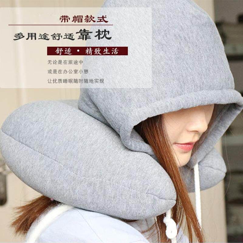 新款直销连帽U型枕护颈枕办公室午睡枕颈椎枕带帽子枕微粒子汽车