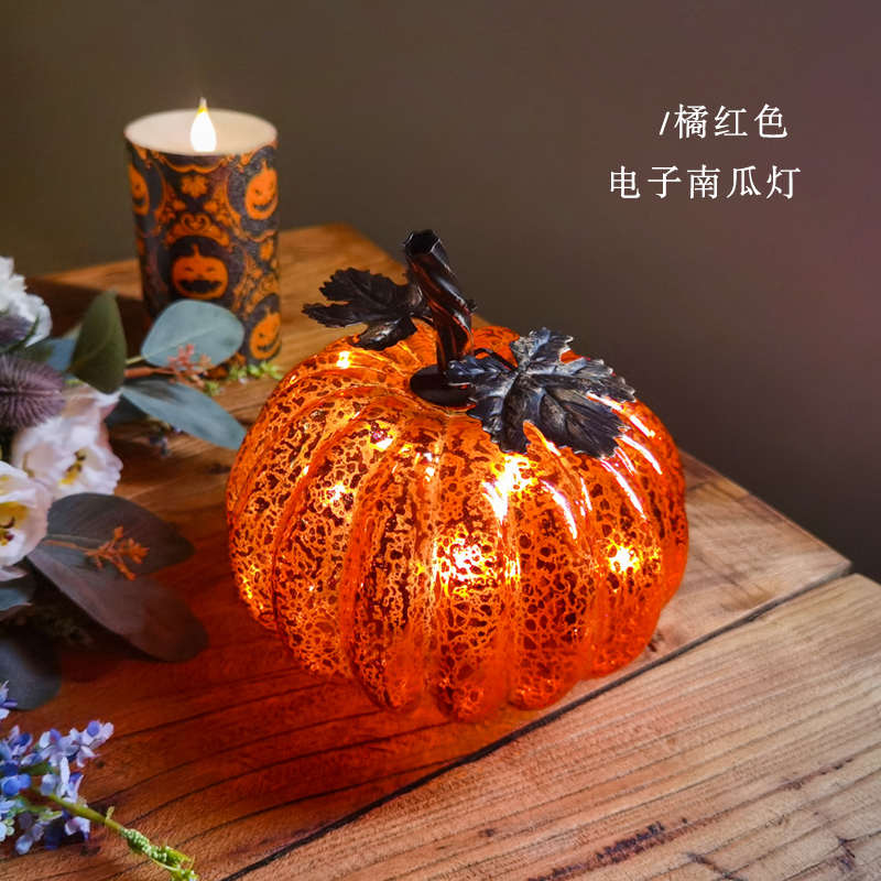 新款电子发光南瓜灯装饰摆件万圣节氛围装饰玻璃南瓜灯场景道具灯