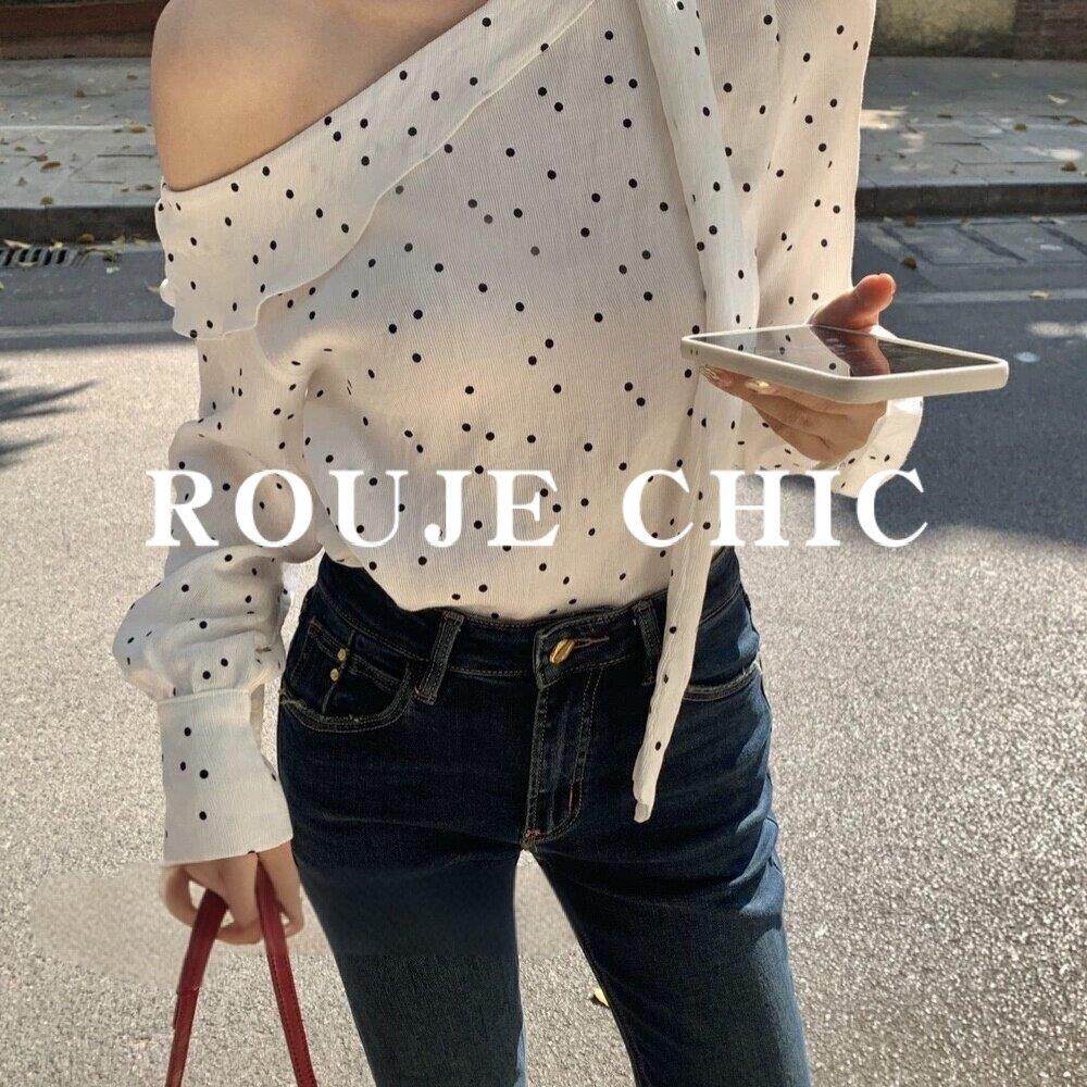 法国rouje chic法式气质风波点斜肩衬衫女春季设计感露肩长袖上衣