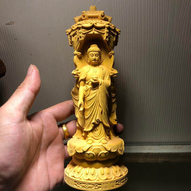 正品崖杨木立莲西方三圣实木佛黄像摆件阿弥佛净瓶观音大势至陀柏