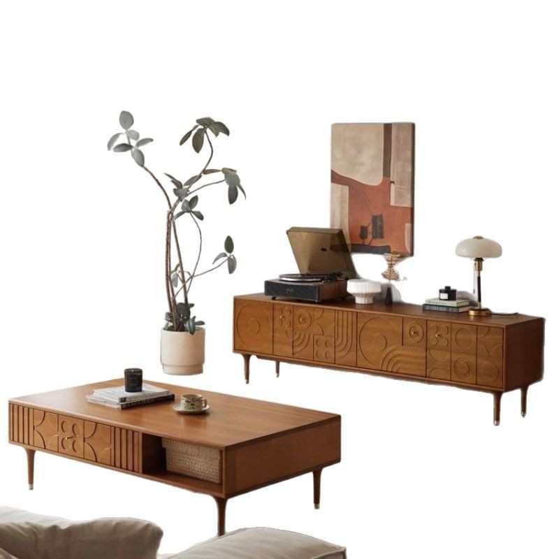电视柜客厅小户型奢现代电视柜木花中古组合轻复古茶几北欧黄杨