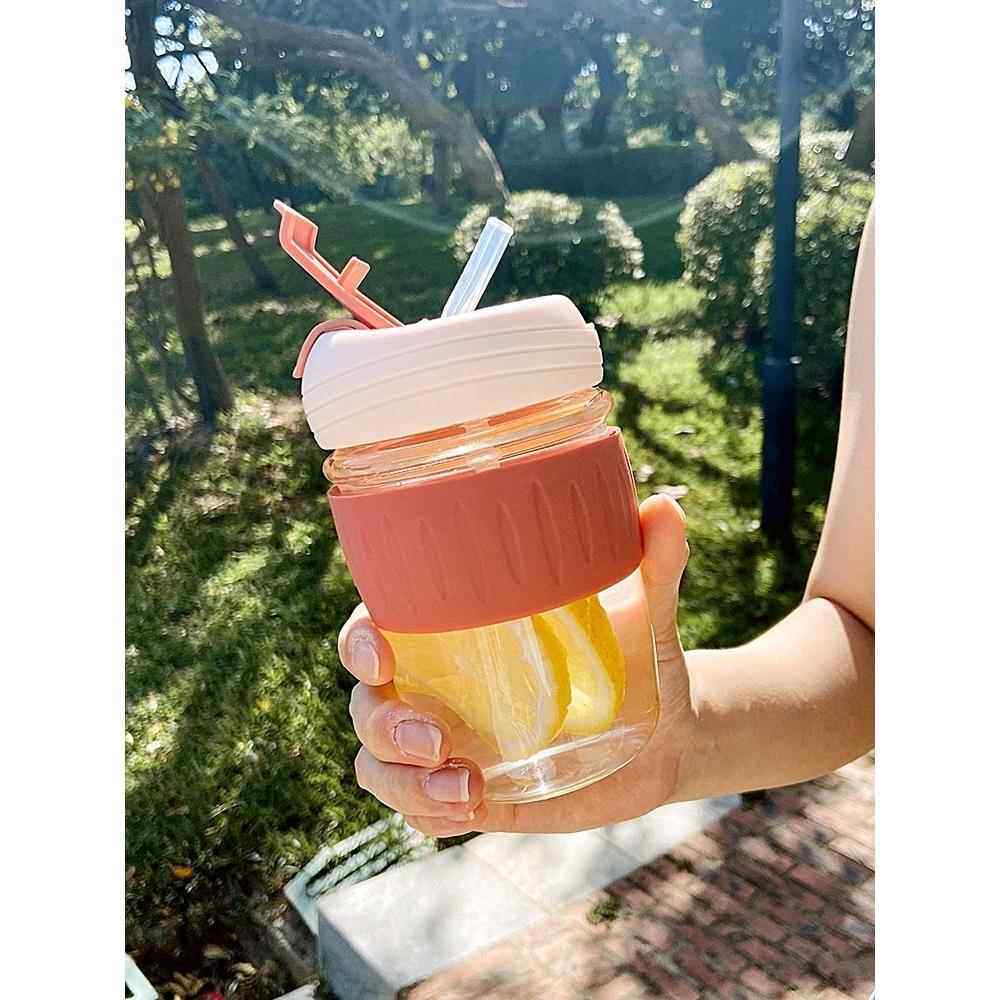 新款直销双饮玻璃水杯男女带吸管便携可爱泡茶杯大口好洗咖啡杯耐