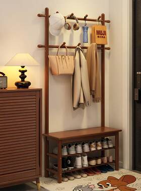 家用实木挂衣架现代简约入户换鞋凳衣帽架一体门口玄关落地衣架