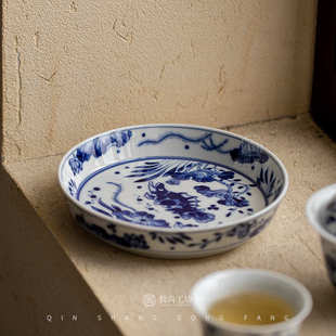 仿古青花陶瓷壶承盖碗底托复古功夫茶具配件干泡盘小茶承茶点盘