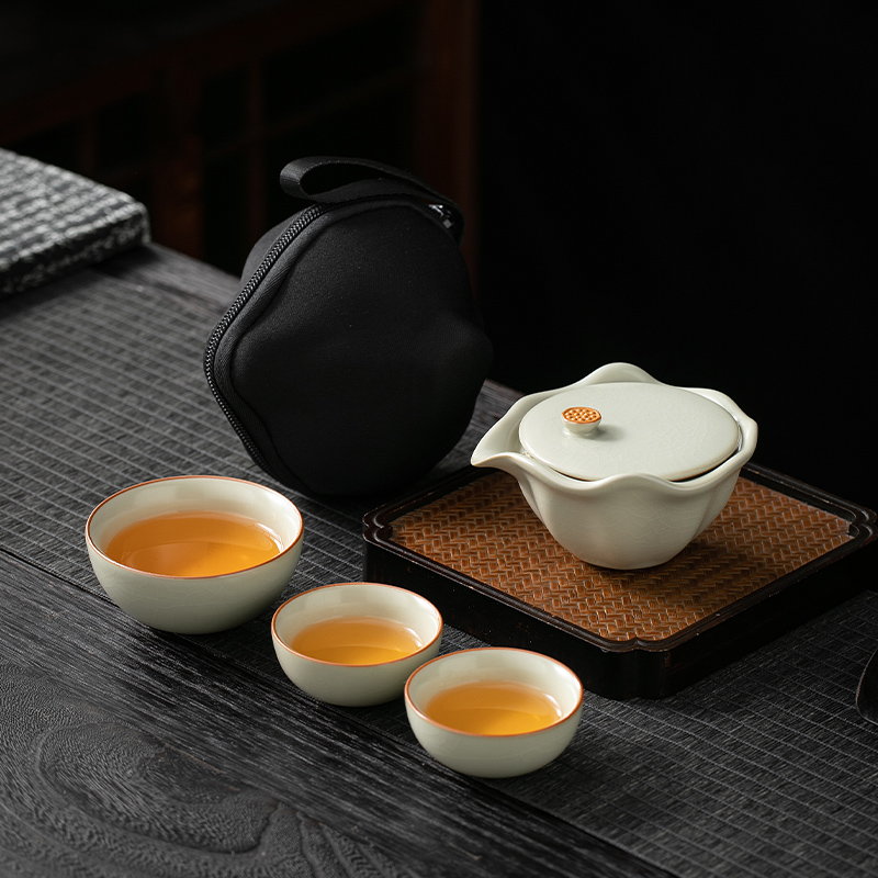 米黄汝窑便携式旅行茶具小套装简易手抓泡茶壶茶杯户外露营快客杯