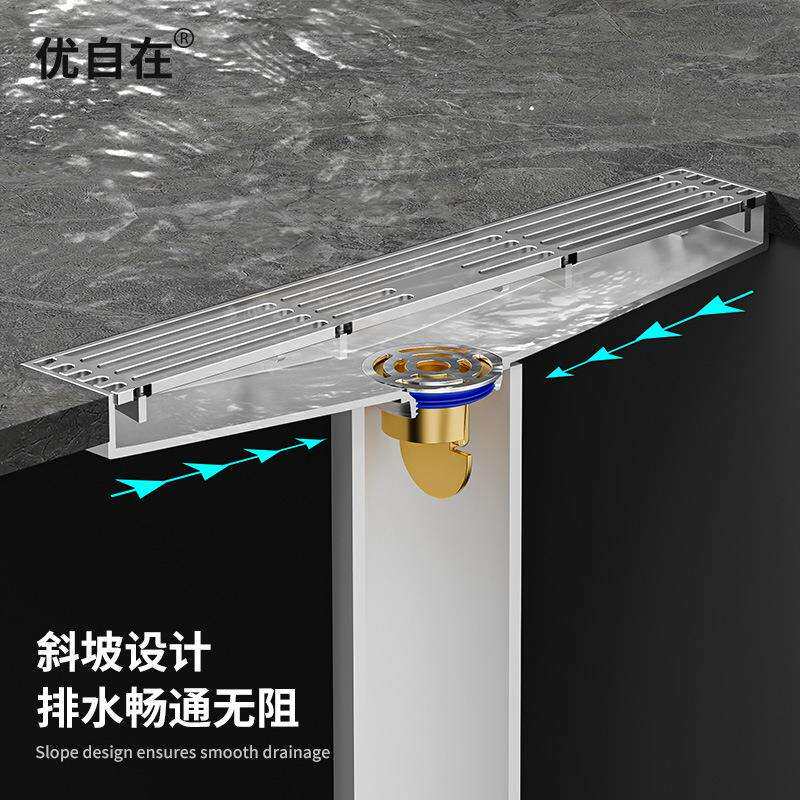 带斜坡长条形大排量排水地漏304不锈钢6.8cm宽家用型竹排防臭地漏