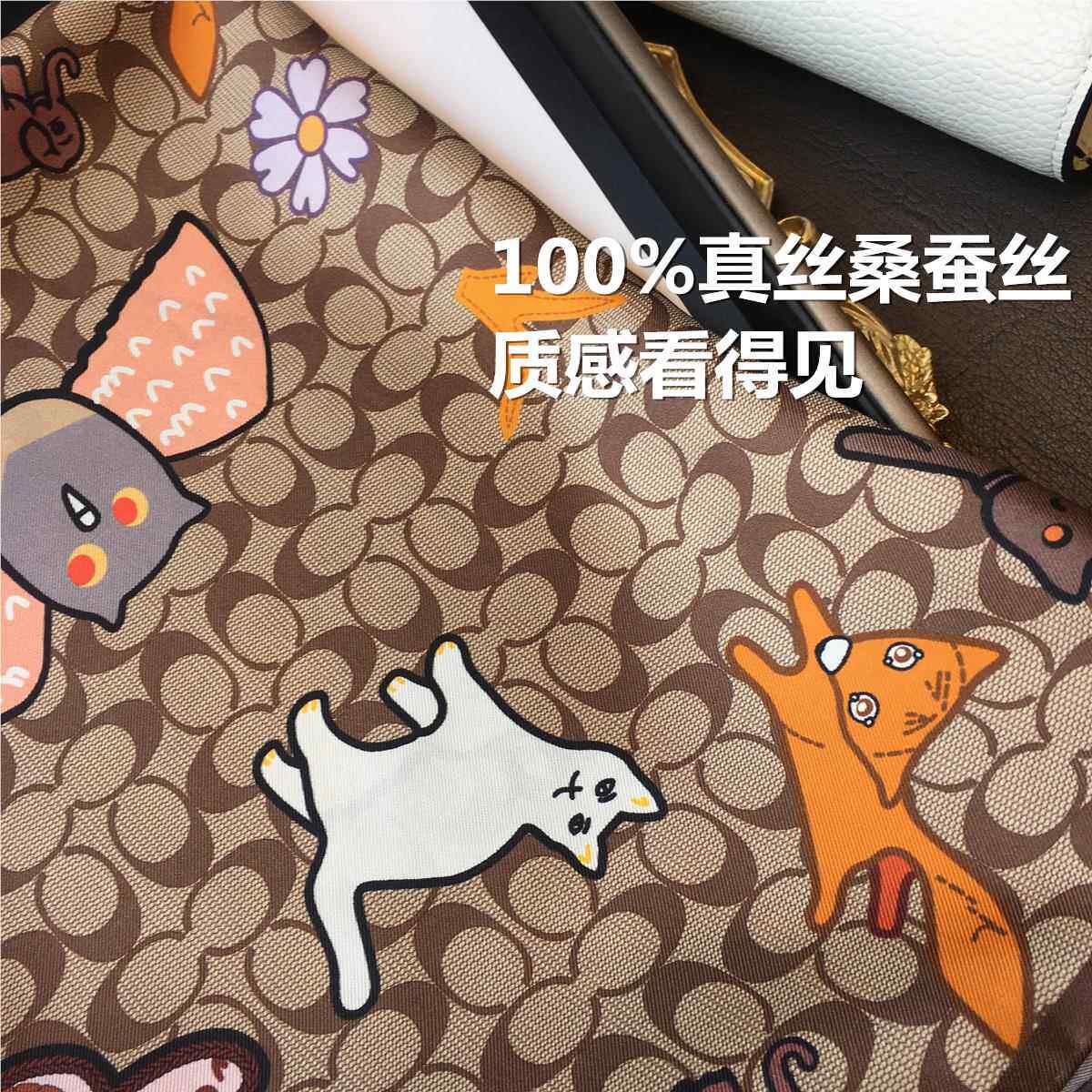 杭州BIC丝绸真士丝围巾女桑蚕丝方巾秋季卡涂鸦斜纹通绸女丝巾大