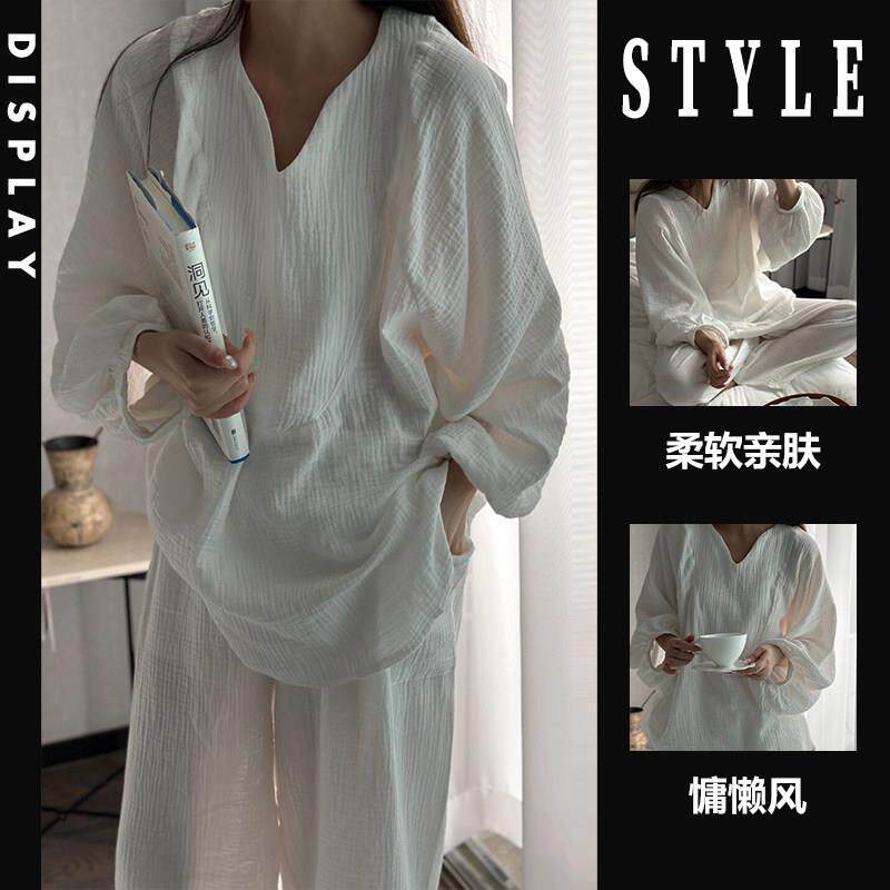 韩系高级长袖棉纱睡衣女春秋款白色双层纱布家居服大尺码套装慵懒