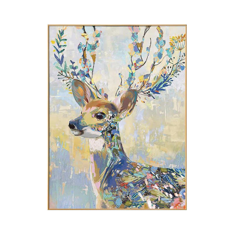 手绘油画玄关画招财麋鹿客厅壁画现代简约餐厅装饰画北欧过道墙画图片