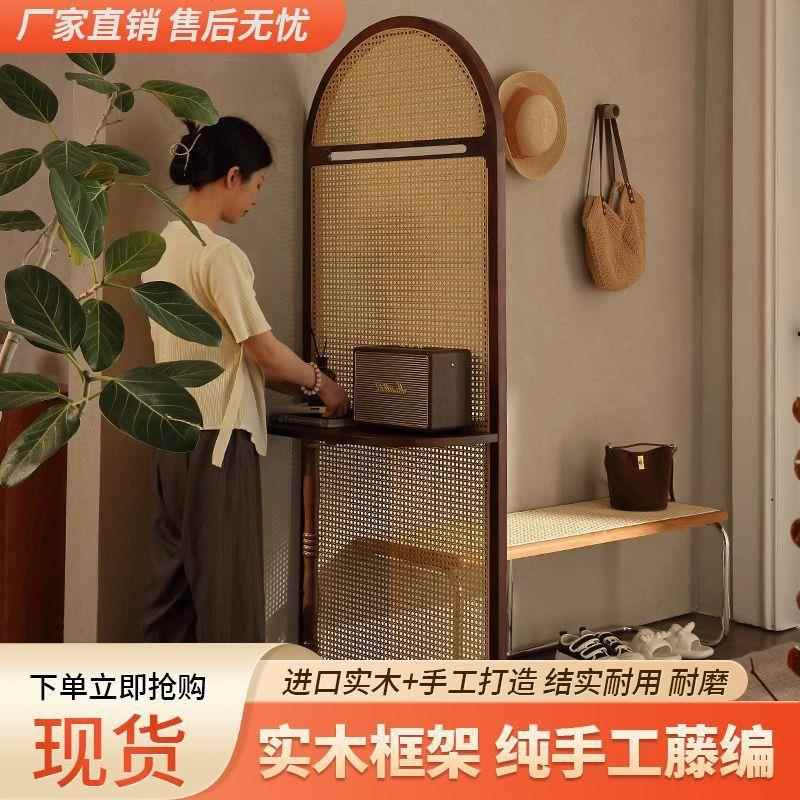 复古实木帽藤编屏法风客厅隔断入户进门遮挡式玄TOF关隔断衣架