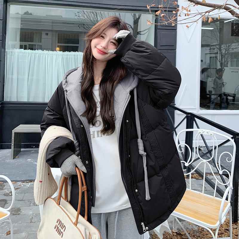 短款连帽羽绒服2b188-58冬女绒季新款韩设版计感假两件加厚白鸭外