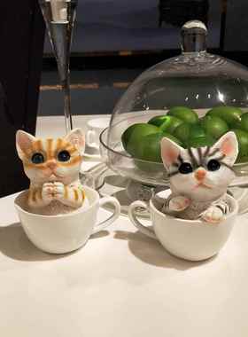 小猫咪摆件创意茶杯猫可爱仿真萌动物模型茶几餐厅桌面树脂装饰品