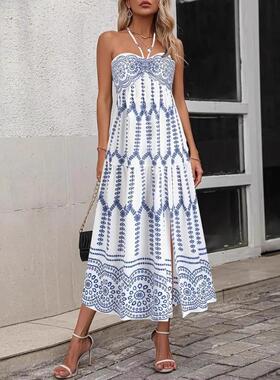 Printed suspender high waisted long skirt set