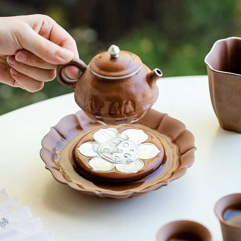 昌朴居老岩泥鎏银手工壶承茶壶托壶垫小茶台复古莲蓬干泡盘茶海