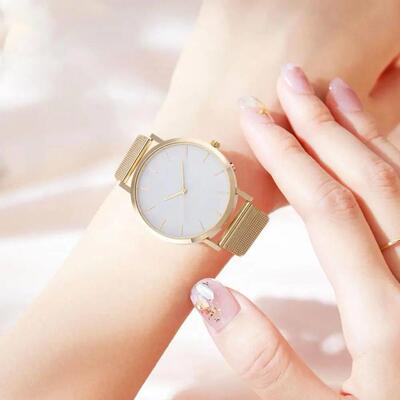 Lady Watch Quartz Movement Round Dial Mesh Band Alloy