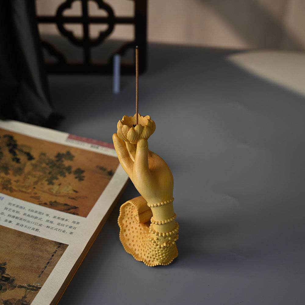 黄杨木雕佛手莲花香插器实木家居禅意茶道熏香装饰品摆件木质工艺