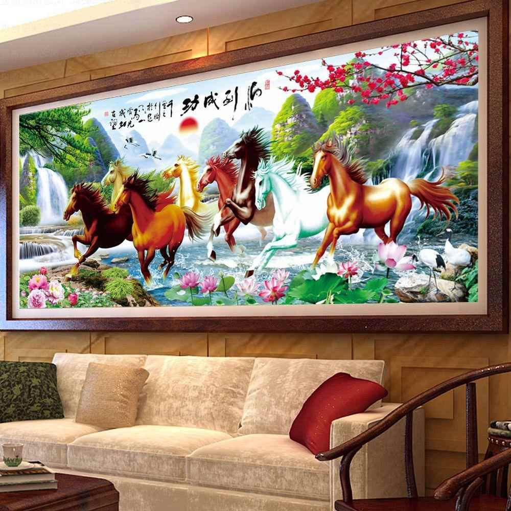 新款直销钻石画满钻新款八骏图十字绣客厅点贴钻钻石绣马到成功点