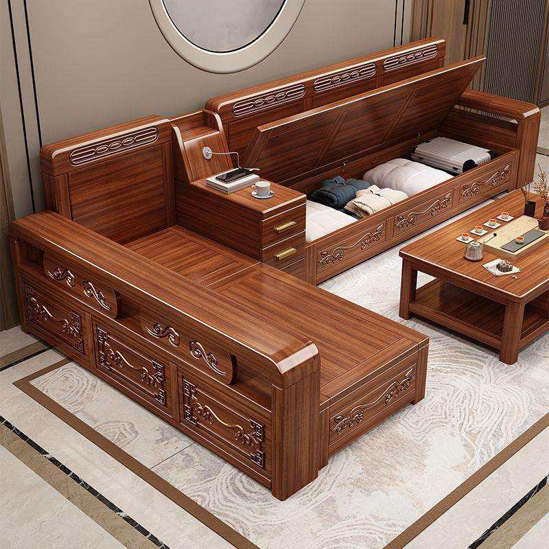 新中式胡桃木实木沙发组合储物客厅冬夏两用雕花家用贵妃木质家具