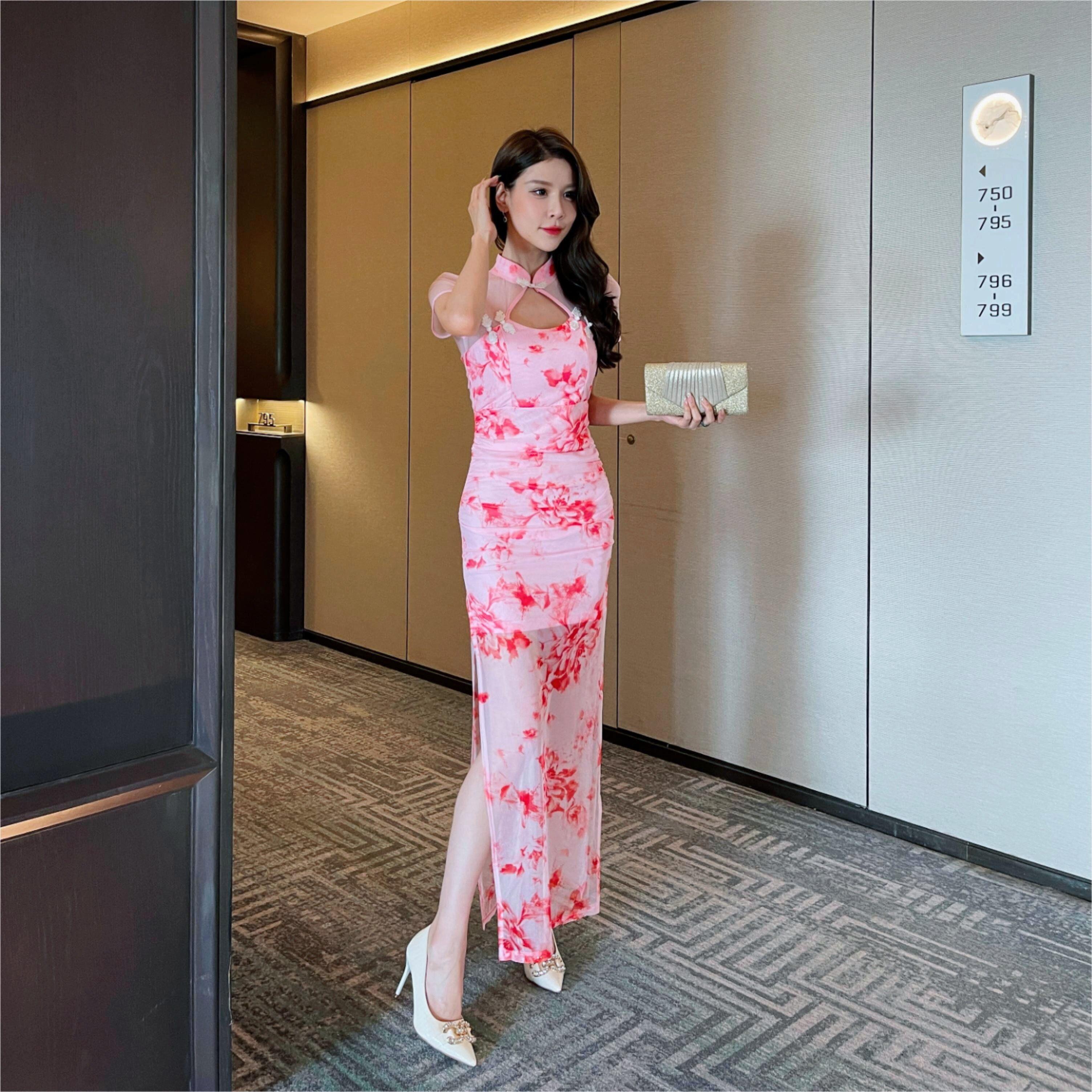 中式印花粉色旗袍连衣裙性感沐足桑拿按摩养生会所技师工作服