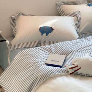 小清新刺绣四件套高端全棉床单款 床笠被套可爱条纹纯棉床上用品
