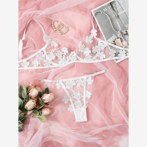 sexy lace Embroidered flower mesh see-through underwear set