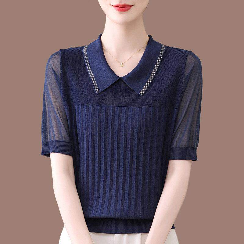 妈妈夏季薄款桑蚕丝t恤女2025新款宽松翻领蕾丝短袖针织上衣小衫