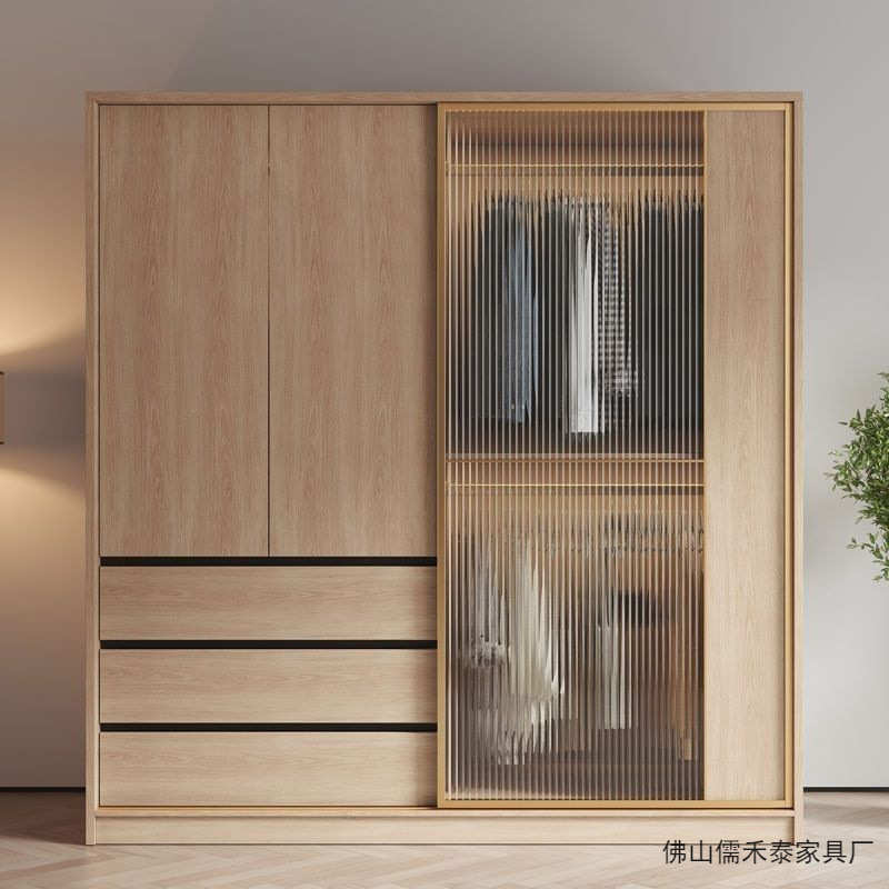 轻奢推拉门衣柜家用卧室现代简约大小户型原木色出租房用成品衣柜