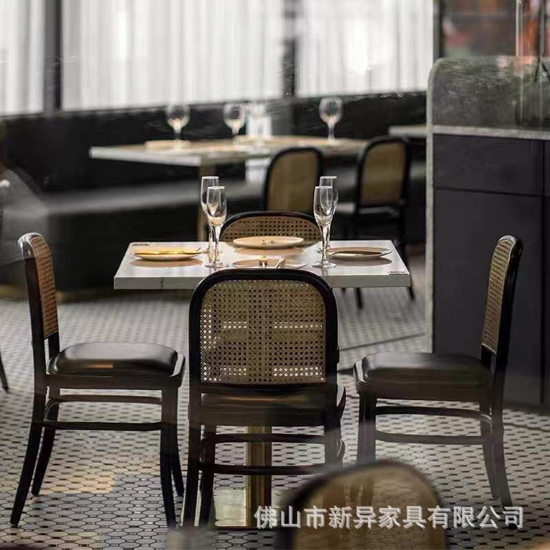 复古网咖啡西餐编厅实木餐椅XY9542酒店藤真藤椅美式主题红茶楼铁