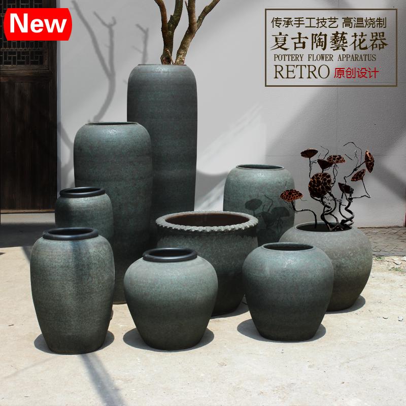 禅意复古粗陶罐插花器干支落地大号摆件酒店大花瓶庭院花盆坛子缸