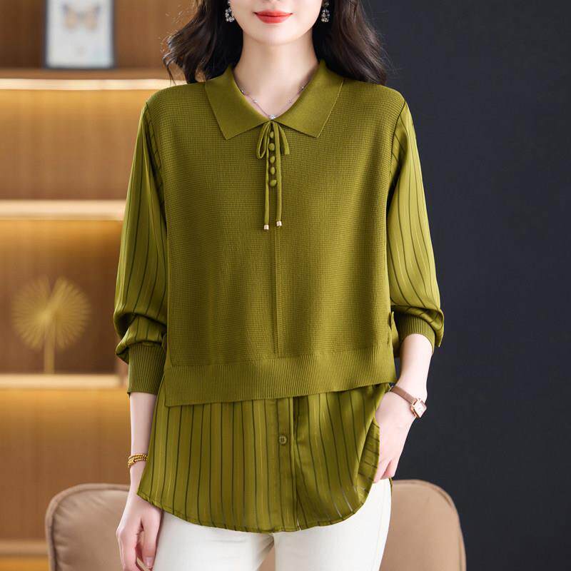 妈妈春装新款上衣宽松遮肚洋气假两件针织衫女大码翻领桑蚕丝衬衣