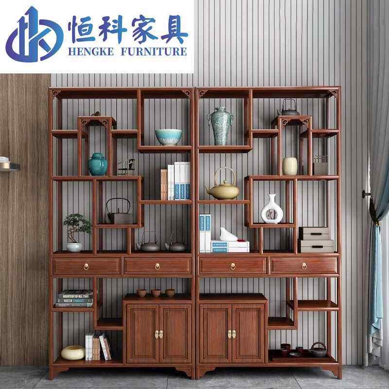 新董中式木实多装宝阁博古架展示柜办公室书架古架两门两柜子整茶