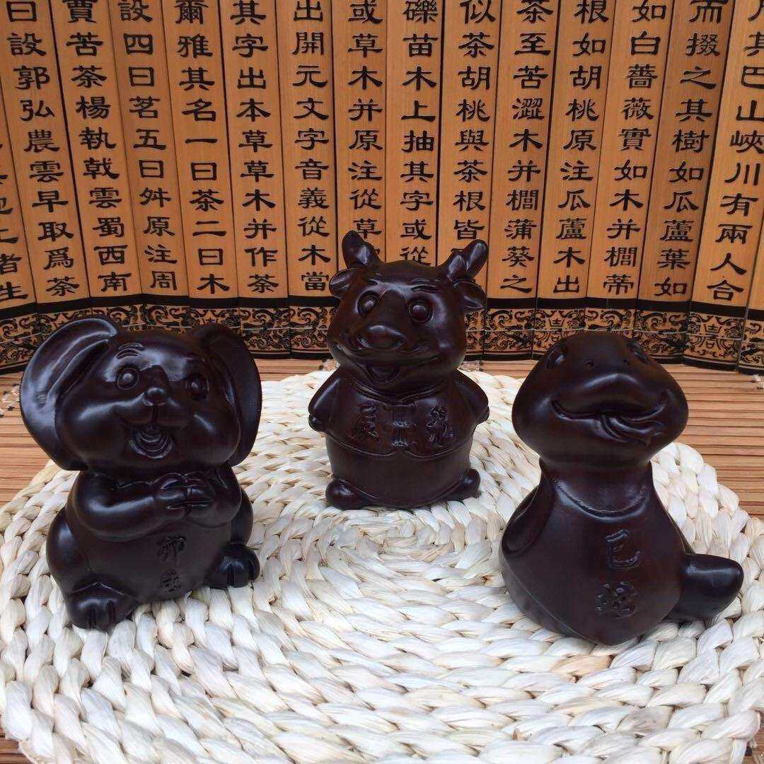 黑檀木雕十二生肖摆件鼠牛虎兔龙蛇马猴茶盘摆设进财实木质工艺品