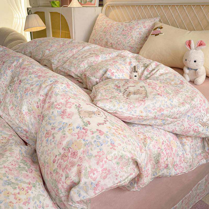 A类全棉双层纱四件套100纯棉被套毛巾绣床上用品床笠床单人三件套