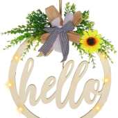 新款 饰木质门牌家居欢迎花环LED灯木制挂牌 hello镂空字母向日葵装