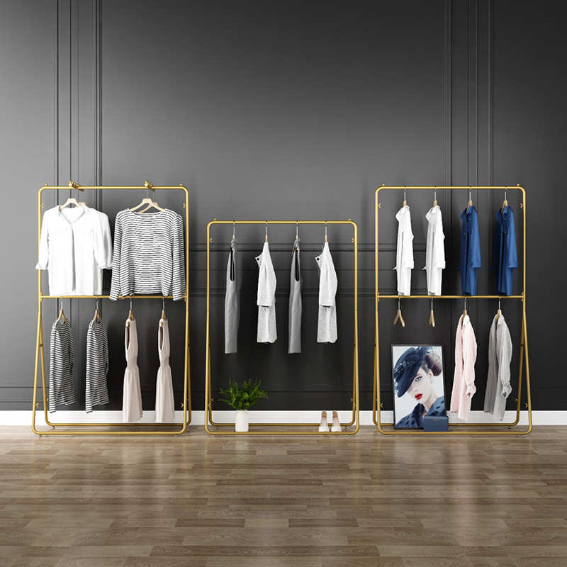 服装展示架金色挂衣架落地式上墙壁挂式正挂侧挂服装店展示架双层