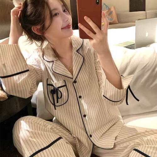 长袖睡衣女秋款春高级感条纹撞色蝴蝶结长裤家居服套装0917e