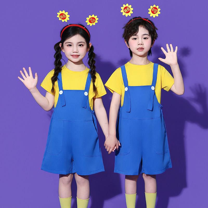 六一儿童小黄人演出服幼儿园运动会啦啦操背带裤套装街舞表演服装