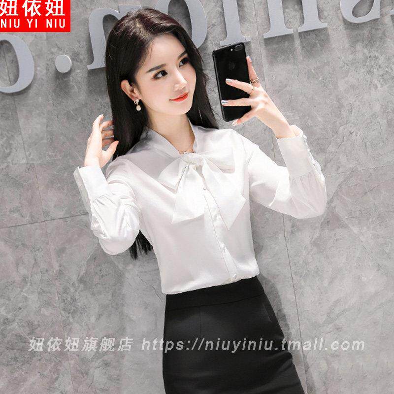 职业衬衫女2025早春新款时尚绸缎白色长袖雪纺衬衣工作服打底上衣