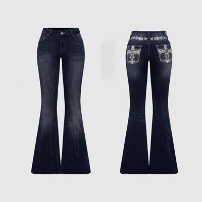 Grunge Punk Retro Poket Cross Wings Embroidered Flare Leg