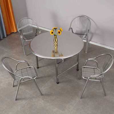 不锈钢内折叠圆形桌业叠简约连体折家圆桌用URL双层加厚工风餐桌