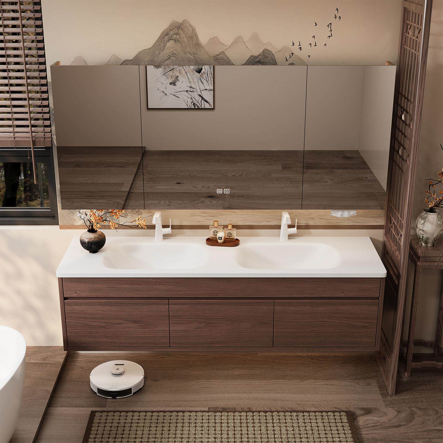 杜邦可丽耐一体盆浴室柜组合蜂窝铝中古风双盆洗漱台洗脸池洗手盆