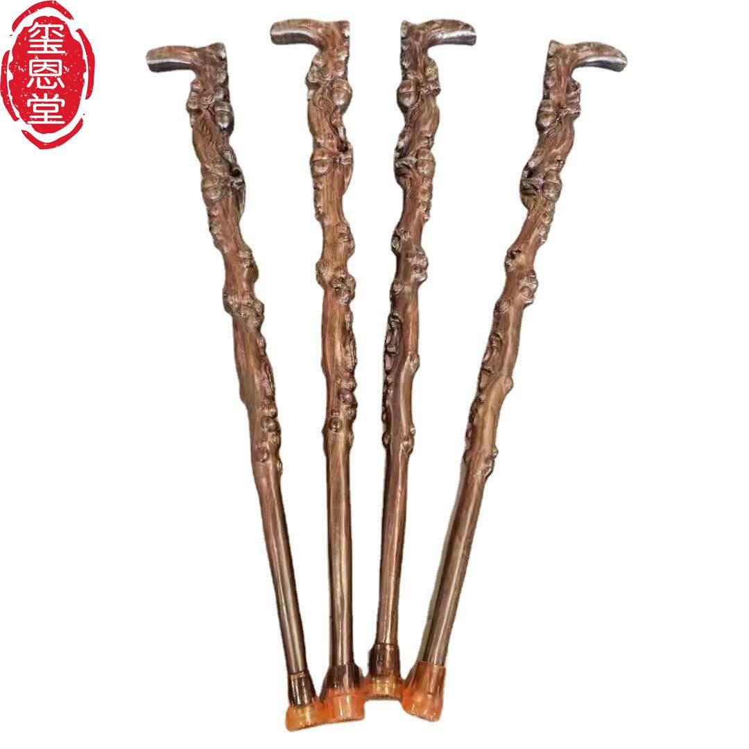 鸡翅木拐杖黑檀木雕刻寿桃拐杖根雕拐杖老人拐杖红木拐杖销售