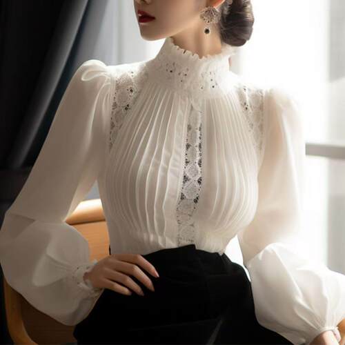 Elegant White Lace-Trimmed Turtleneck Blouse for Women -